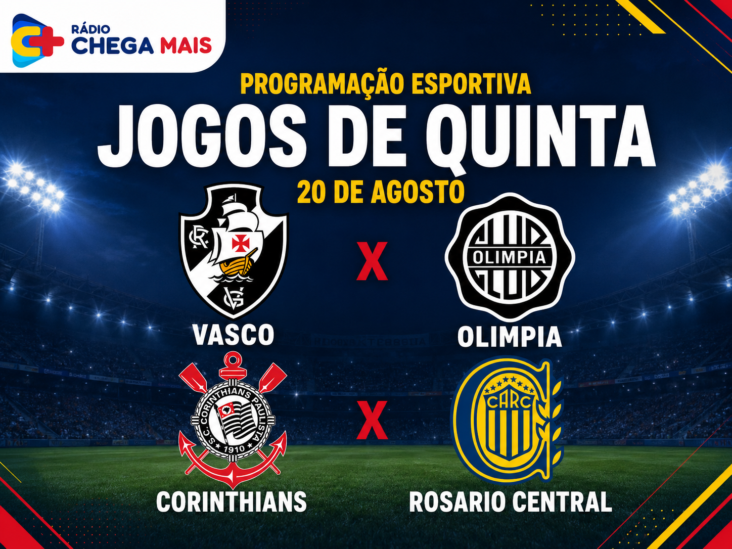 Capa da programação esportiva de quinta-feira, com Vasco, Olimpia, Corinthians e Rosario Central